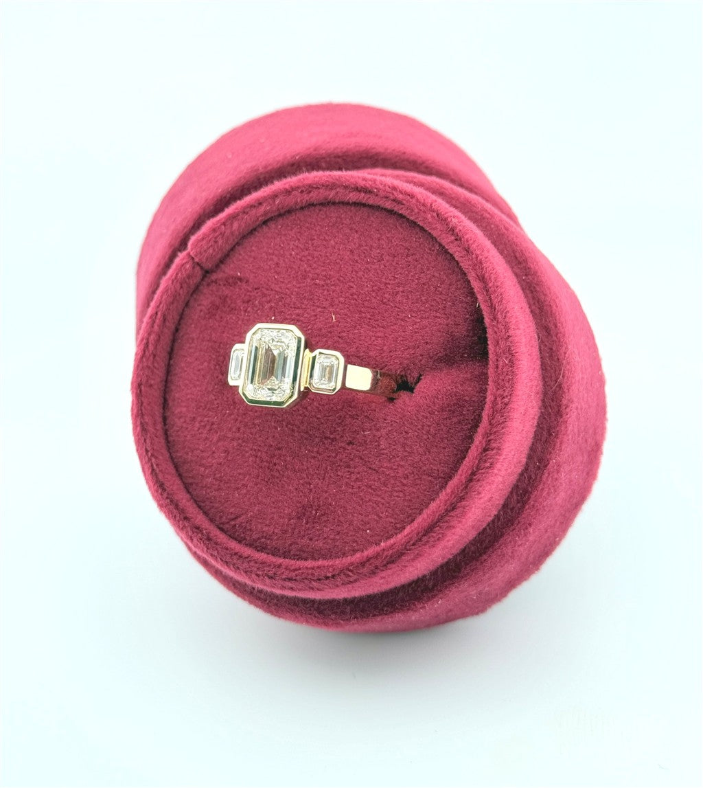 Yellow Gold 3 Stone Bezel Set Emerald Cut Lab Grown Engagement Ring