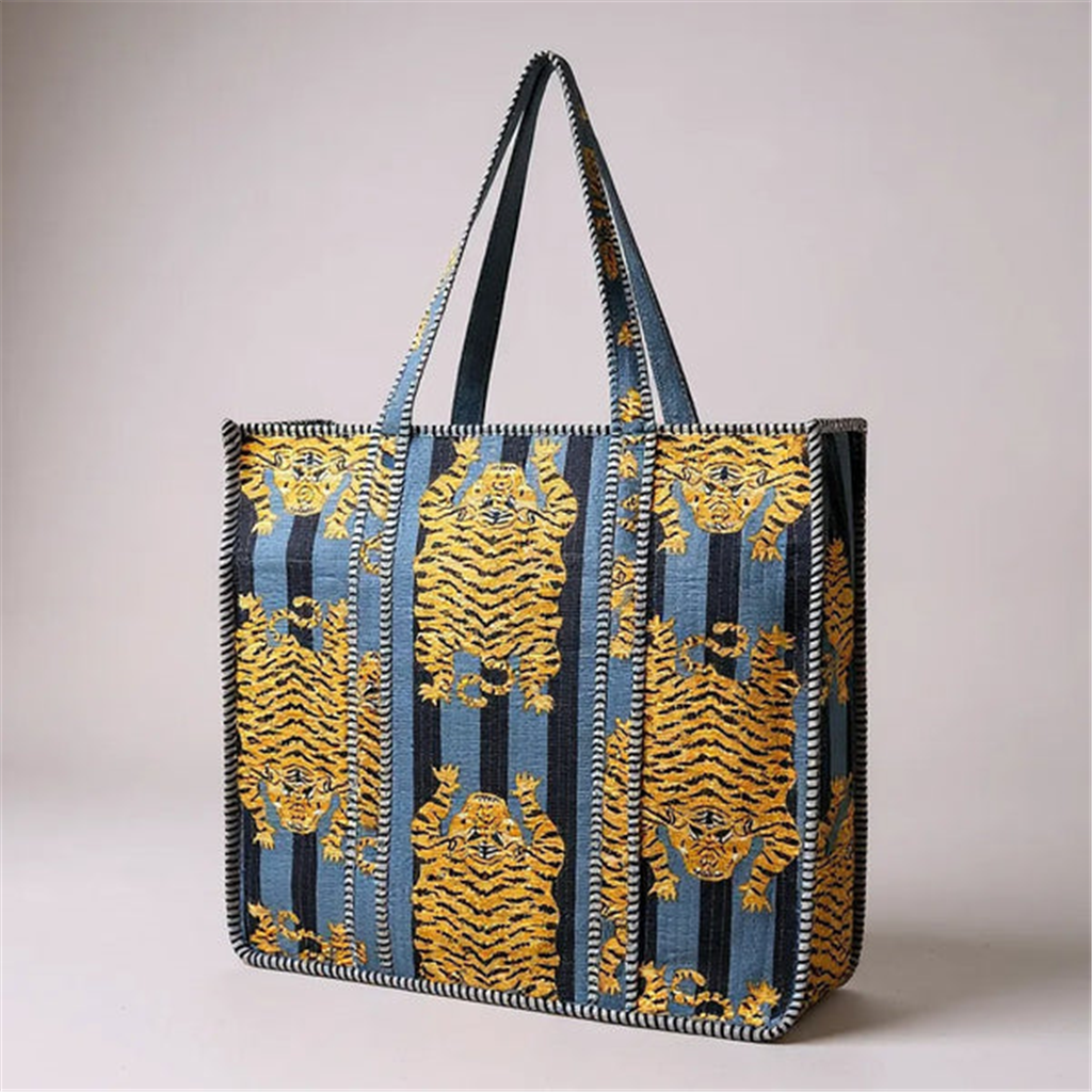 Blue Flat Tiger Quilted Tote Bag
