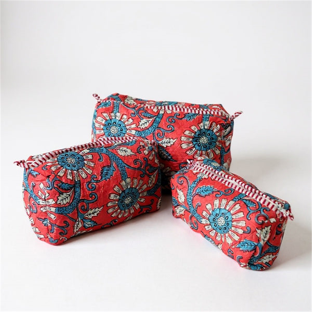 Coral Floral Print Cosmetic Bag