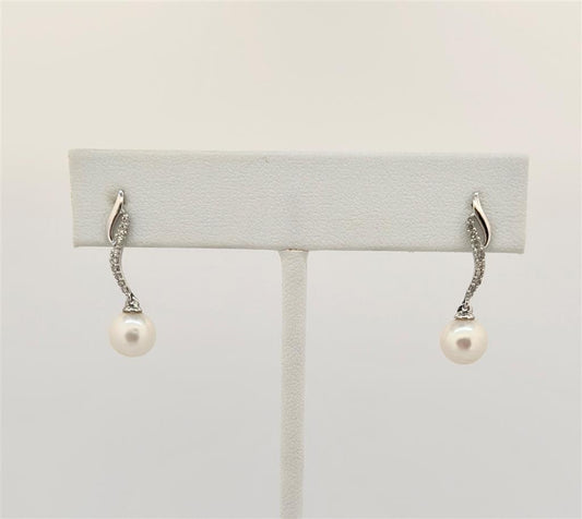 White Gold Diamond Accented Pearl Earrings