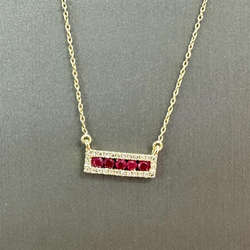 Yellow Gold Diamond And Ruby Bar Necklace