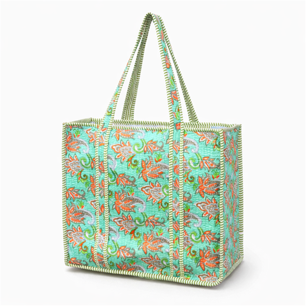 Green Floral Quilted Tote Bag