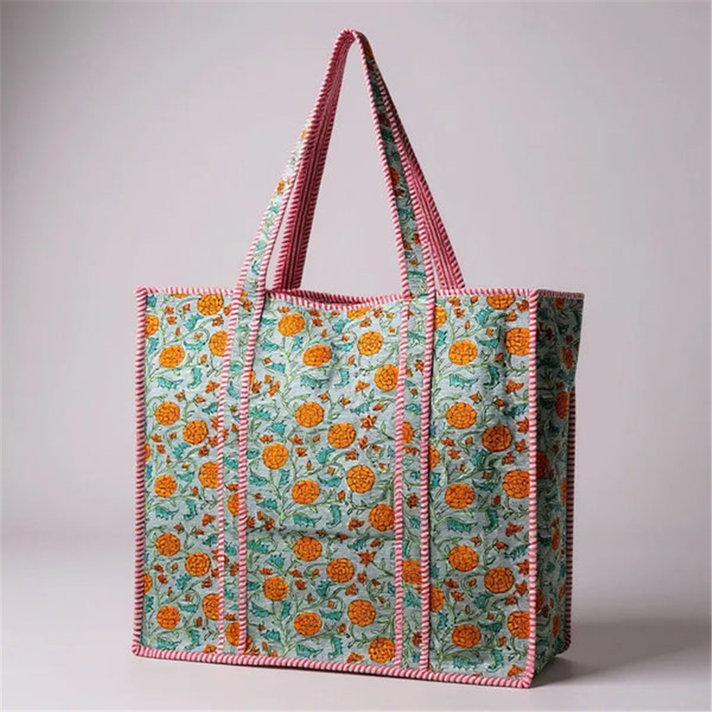 Quilted Orange Floral Tote Bag