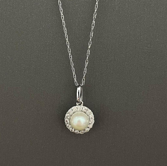 White Gold Halo Style Single Pearl Necklace