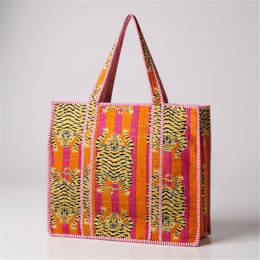 Orange And Pink Flat Tiger Quilted Tote Bag