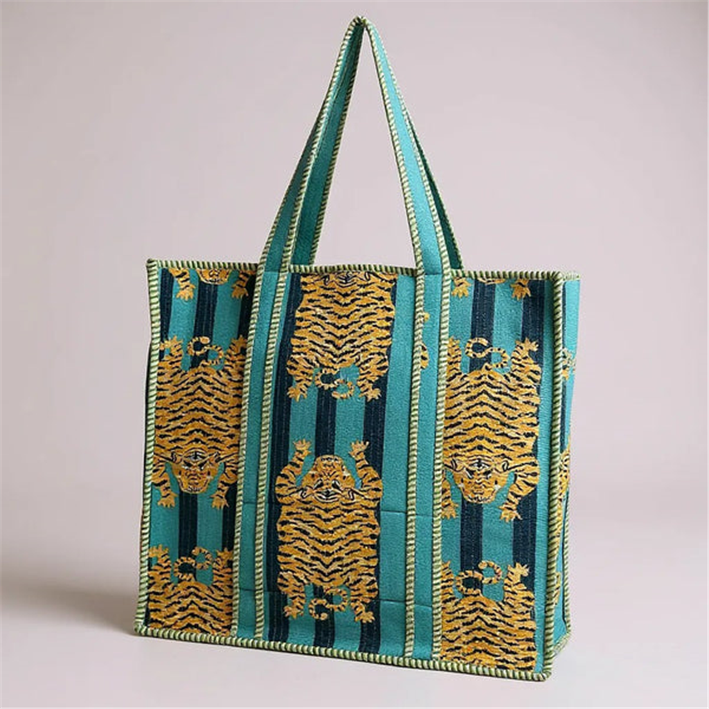 Turquoise Flat Tiger Quilted Tote Bag