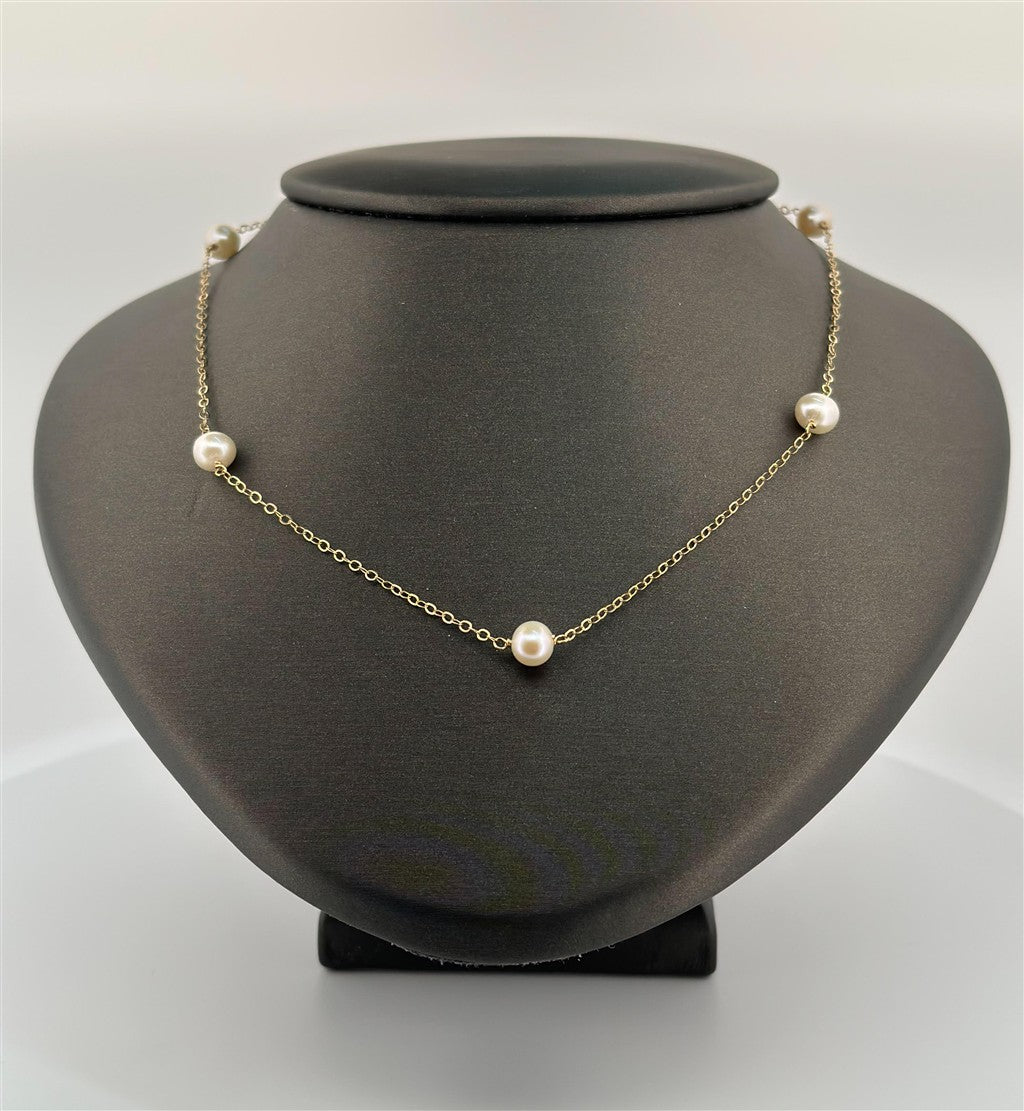 Yellow Gold 18" Station Pearl Necklace