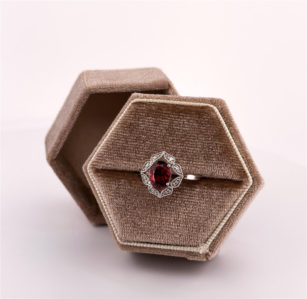 White Gold Vintage Inspired Halo Style Garnet Ring