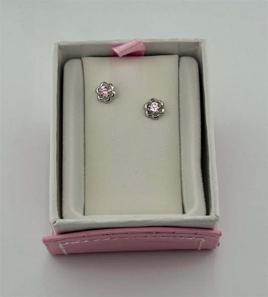 Childrens Sterling Silver Pink Flower Earrings