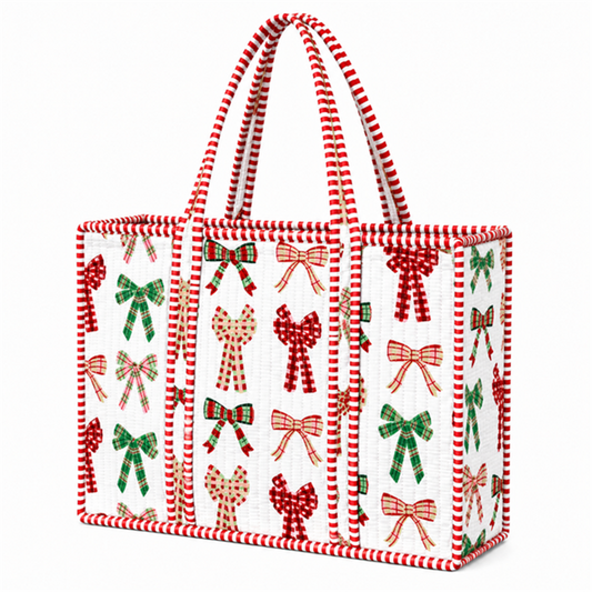 White Bow Quilted Tote Bag