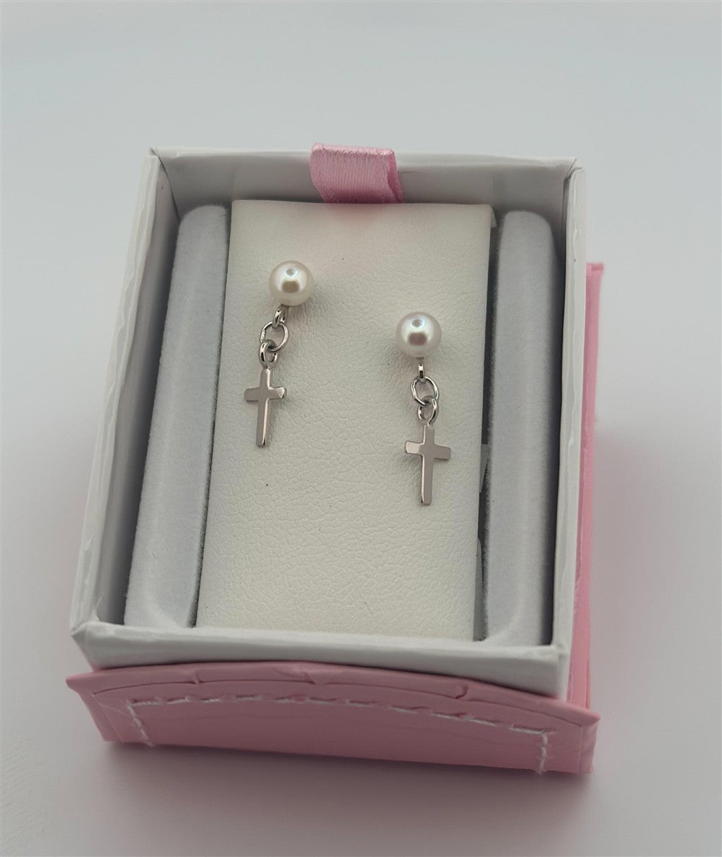 Childrens Sterling Siliver Pearl And Cross Drop Earrings