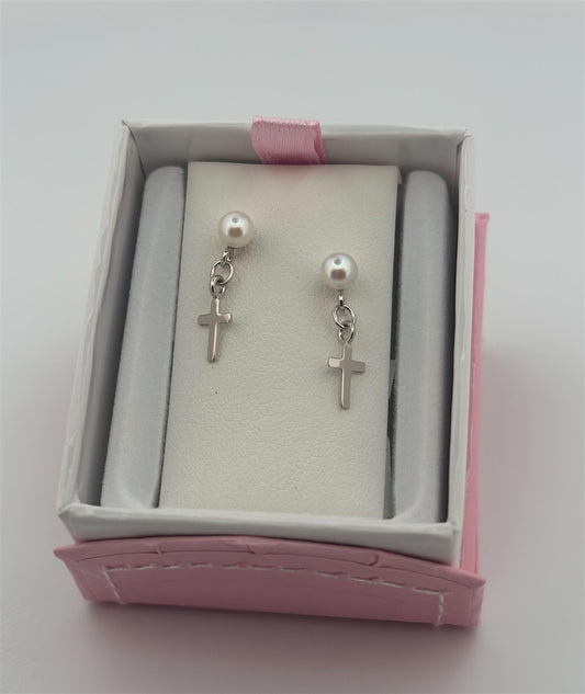 Childrens Sterling Silver Pearl And Cross Drop Earrings