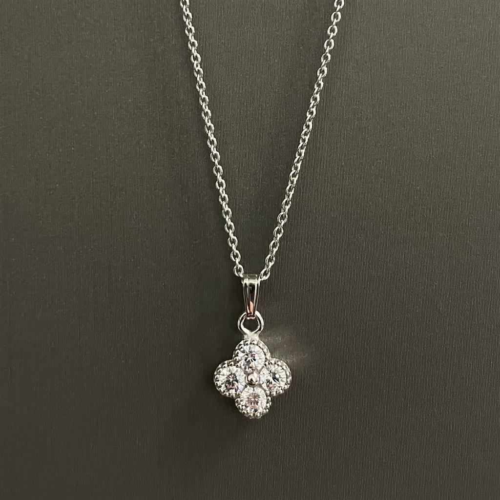 Sterling Silver Cz Clover Necklace