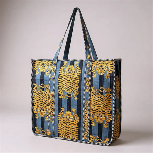 Blue Flat Tiger Quilted Tote Bag