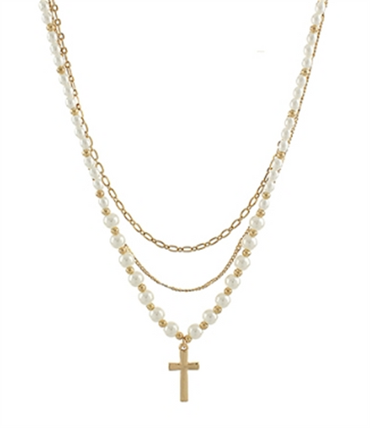 Layered Cross And Pearl Necklace