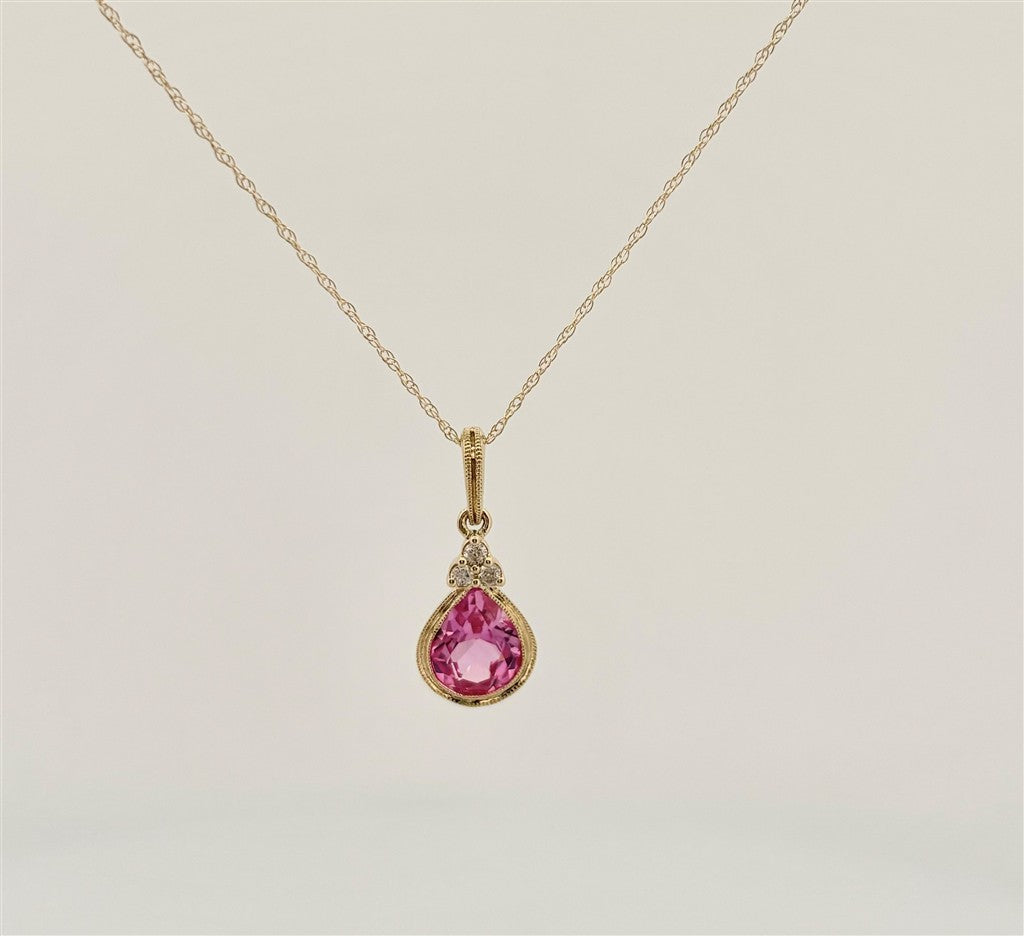 Yellow Gold Diamond Accented Pink Topaz Necklace