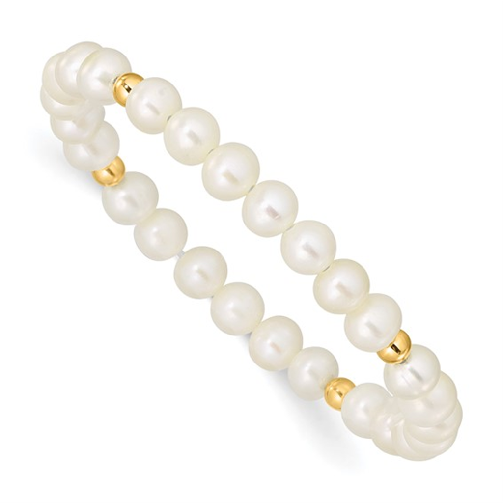 Yellow Gold Bead And Pearl Stretch Bracelet