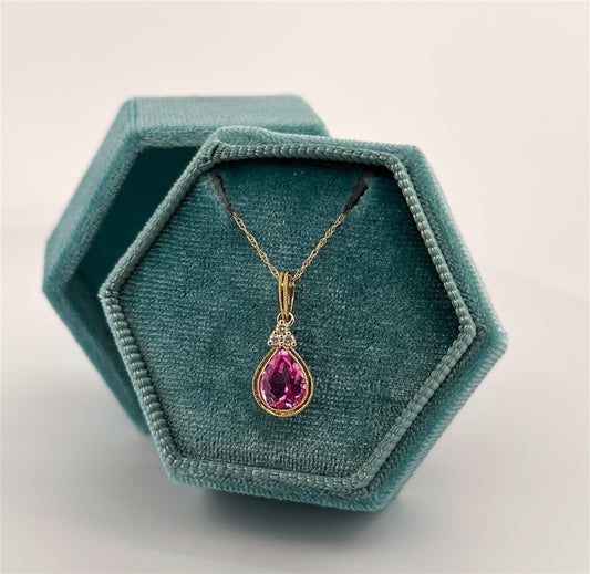 Yellow Gold Diamond Accented Pink Topaz Necklace