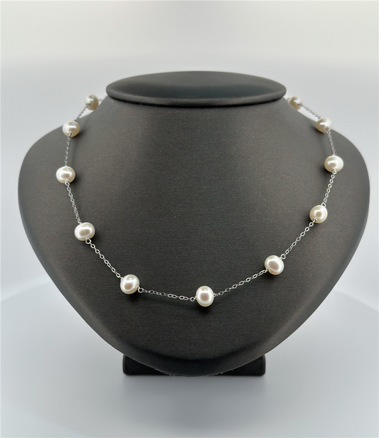 Sterling Silver 16" Pearl Station Necklace