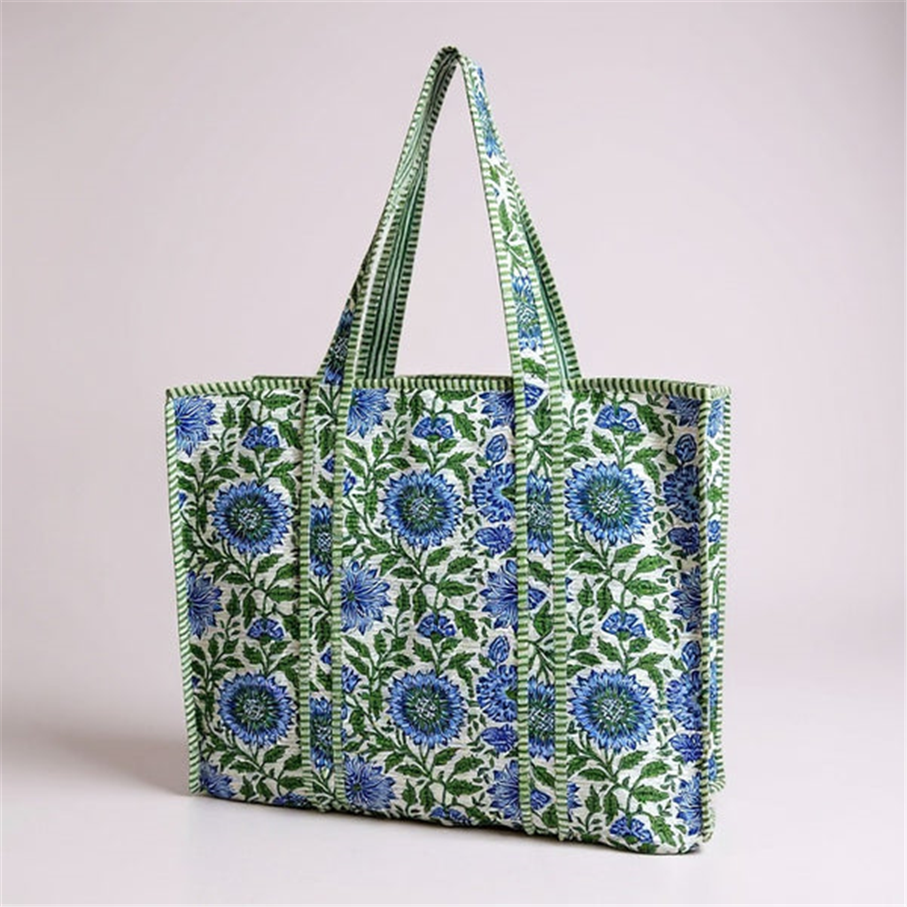 Green Floral Quilted Tote Bag