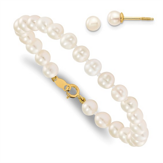 Yellow Gold Pearl Bracelet And Earring Set