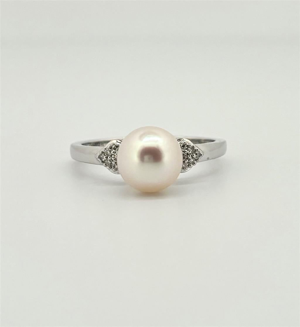 White Gold Diamond Accented Pearl Ring