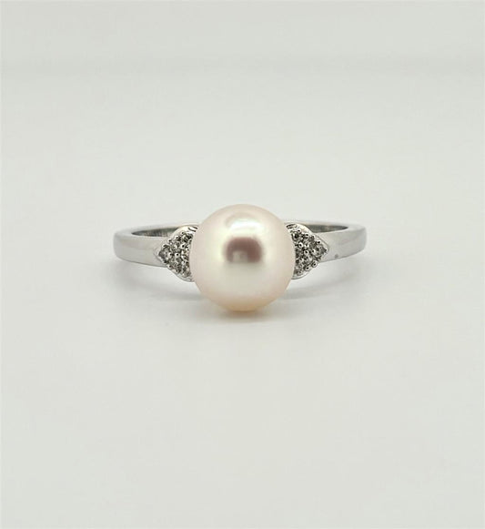 White Gold Diamond Accented Pearl Ring