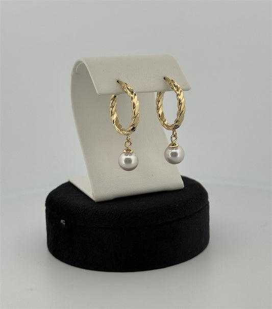 Yellow Gold Pearl Hoop Earrings