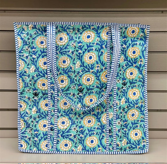 Blue Floral Quilted Tote Bag