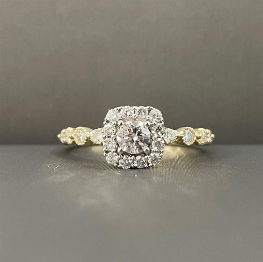 Yellow Gold Vintage Inspired Cushion Halo Style Engagement Ring