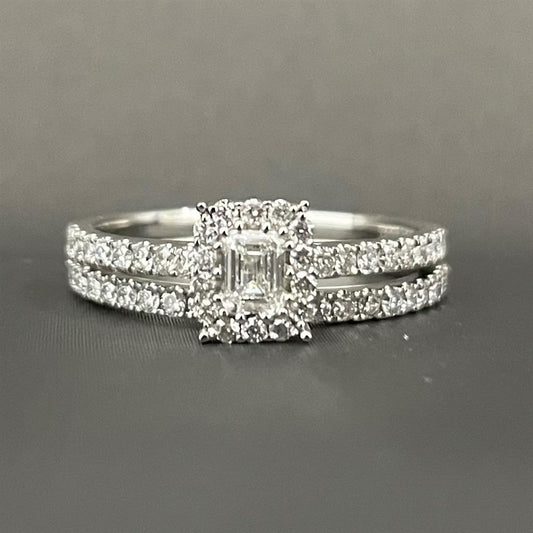 White Gold Halo Style Emerald Cut Diamond Bridal Set