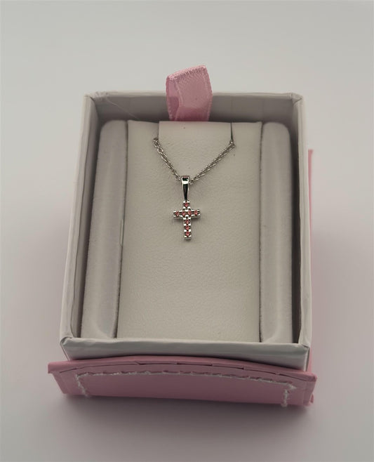 Sterling Silver Pink CZ Cross Necklace