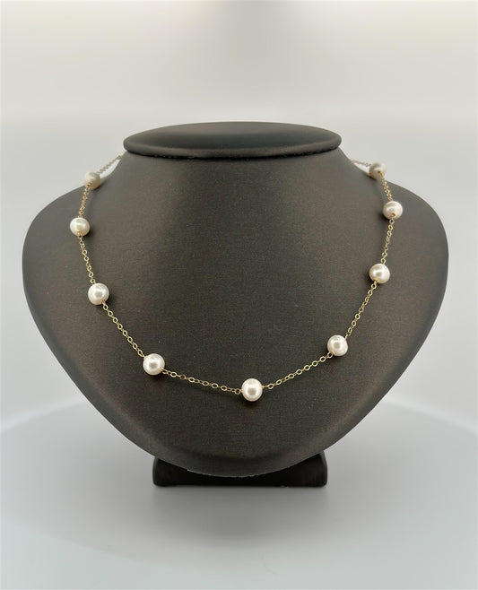 Yellow Gold 16" Station Pearl Necklace