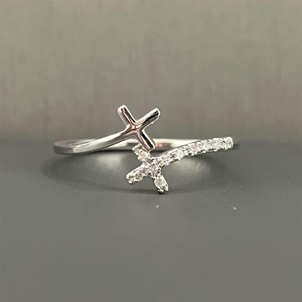 White Gold Diamond Bypass Cross Ring