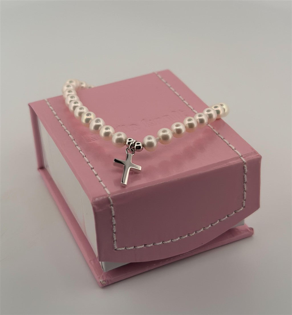 Sterling Silver Pearl Cross Bracelet
