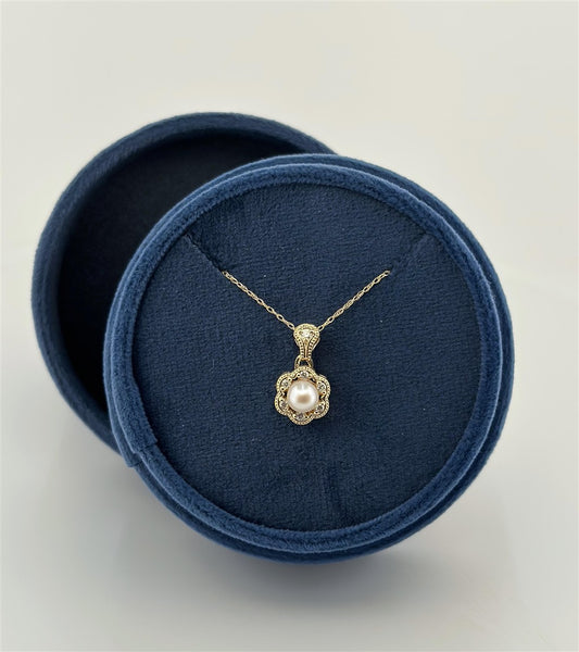 Yellow Gold Diamond Accented Pearl Necklace