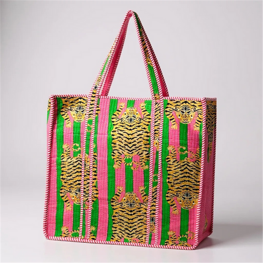 Green And Pink Flat Tiger Quilted Tote Bag