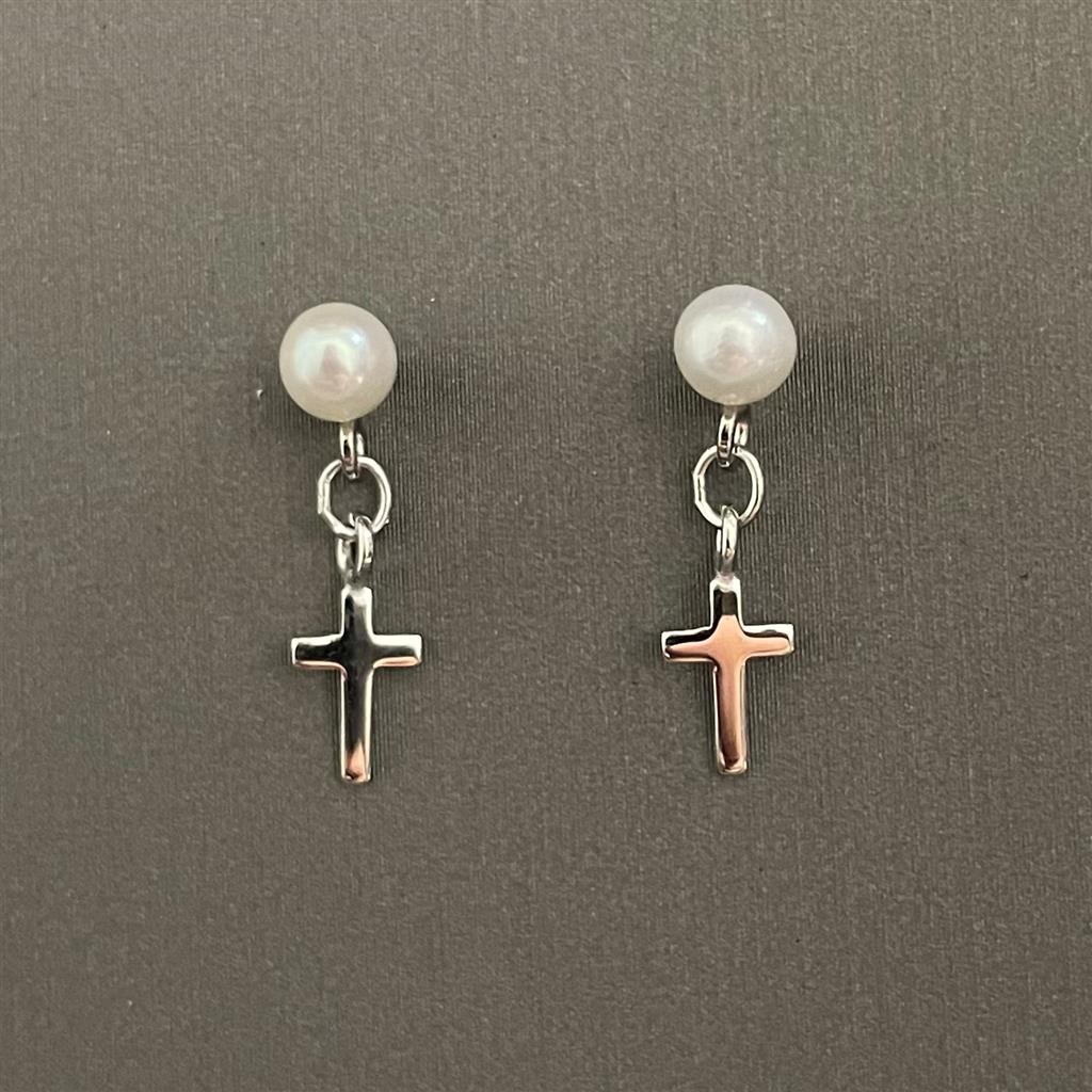 Childrens Sterling Siliver Pearl And Cross Drop Earrings