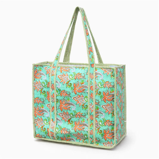 Green Floral Quilted Tote Bag