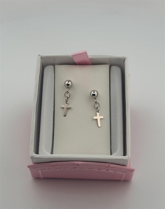 Childrens Sterling Silver Drop Cross Earrings