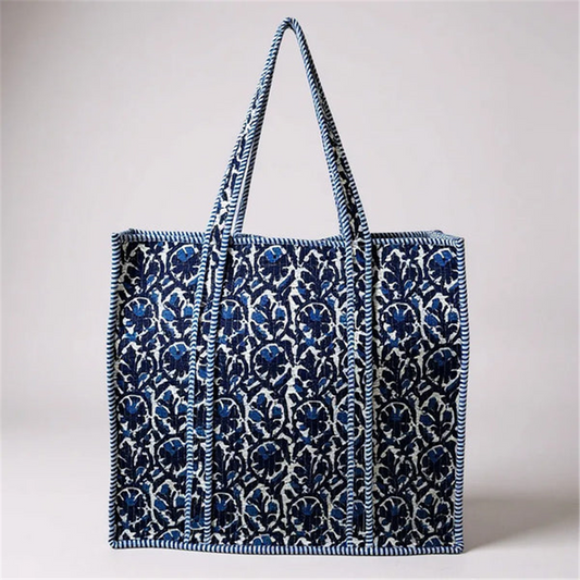 Navy Floral Quilted Tote Bag