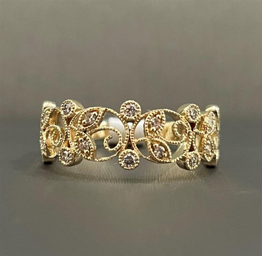 Yellow Gold Vintage Inspired Diamond Wide Stackable Ring