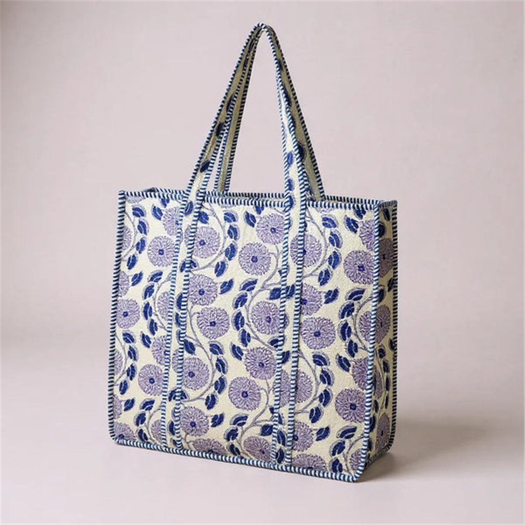 Blue Floral Quilted Tote Bag