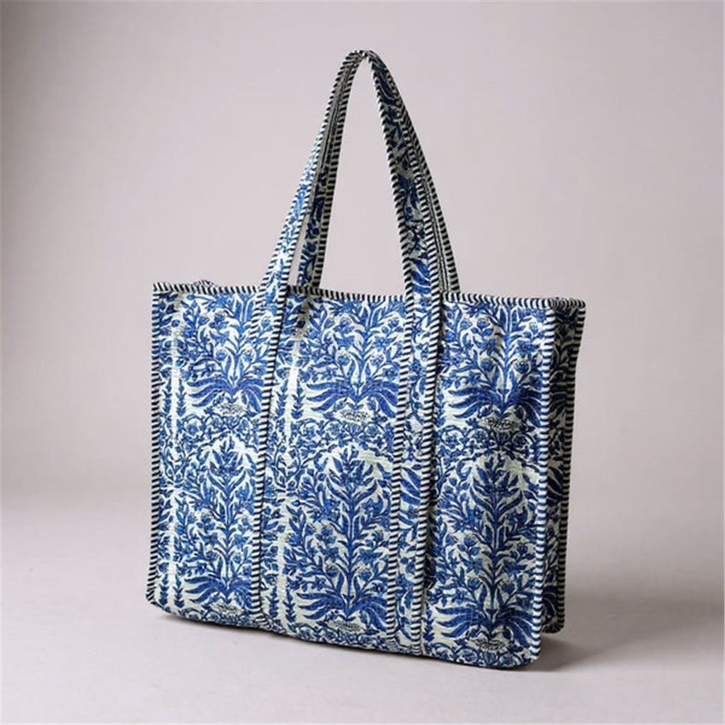 Blue Floral Quilted Tote Bag