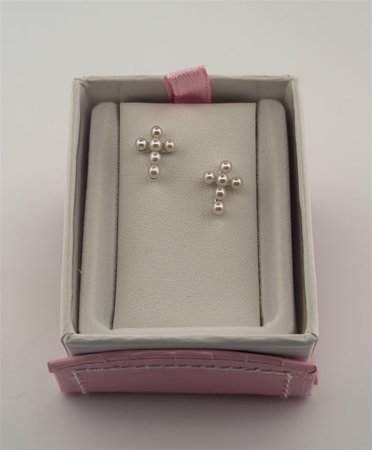 Childrens Sterling Silver Pearl Cross Earrings
