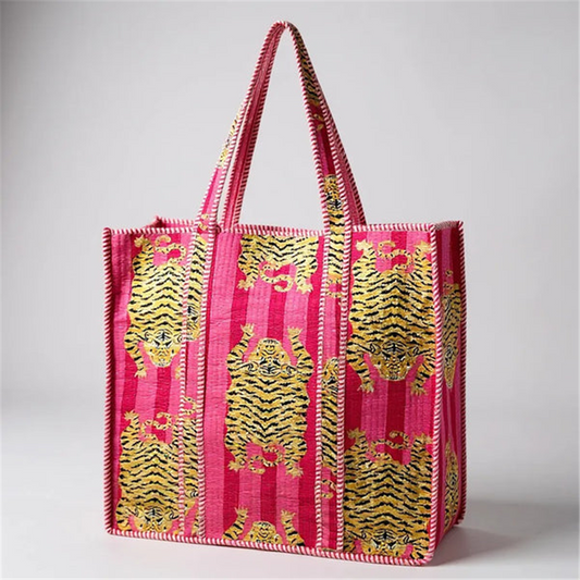 Pink Flat Tiger Quilted Tote Bag