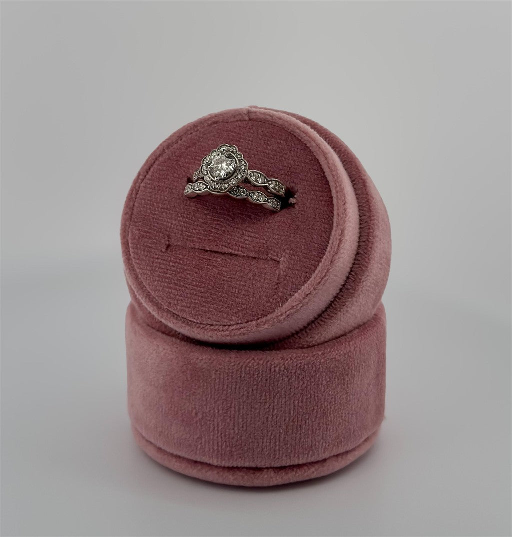 White Gold Vintage Inspired Halo Style Bridal Set