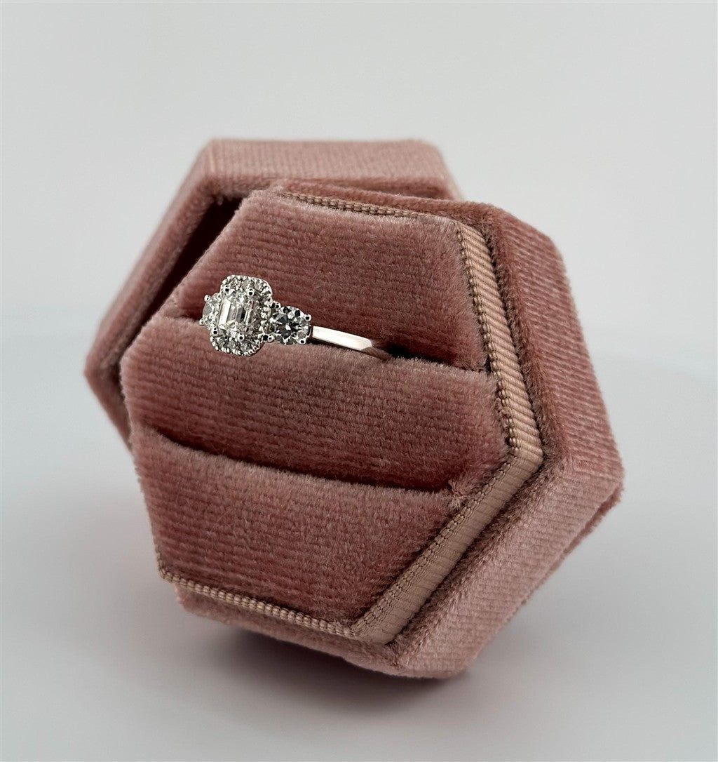 White Gold Halo Style Three Stone Engagement Ring