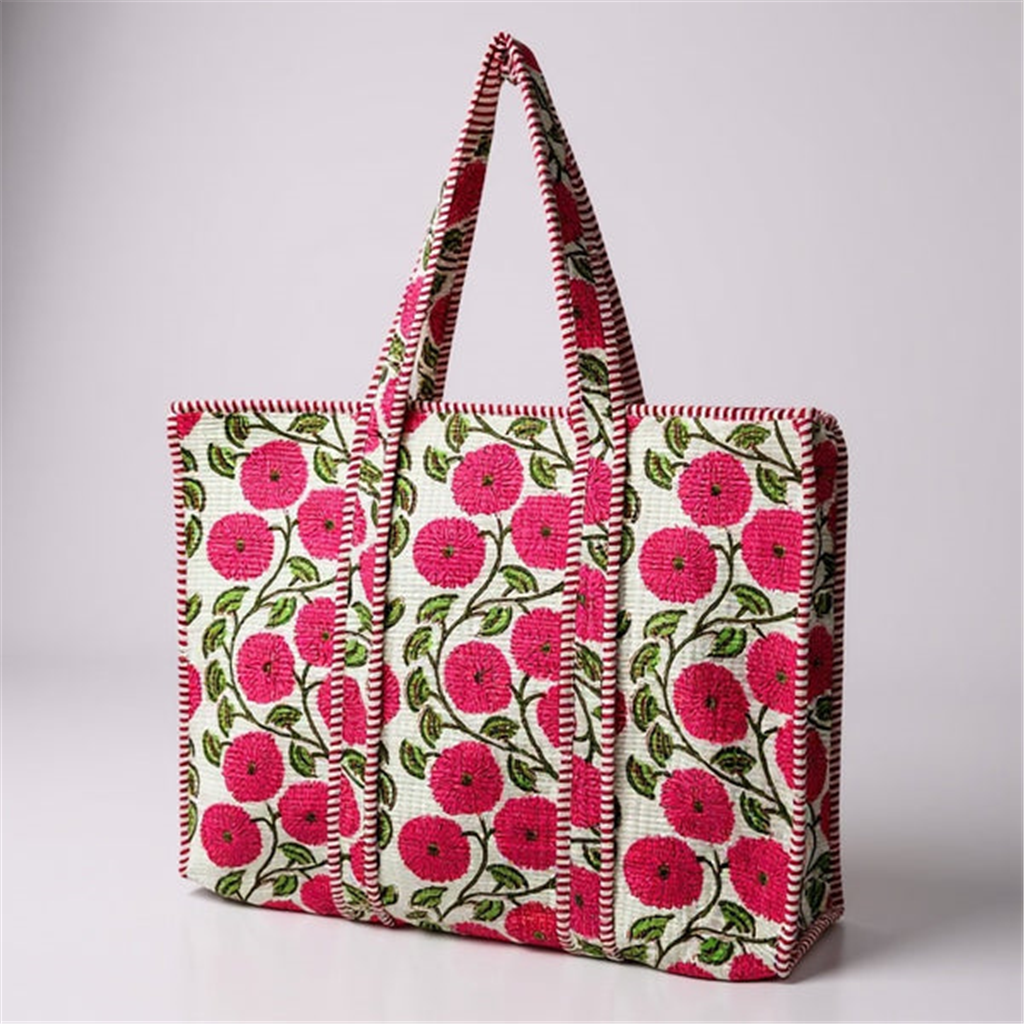 Pink Floral Quilted Tote Bag