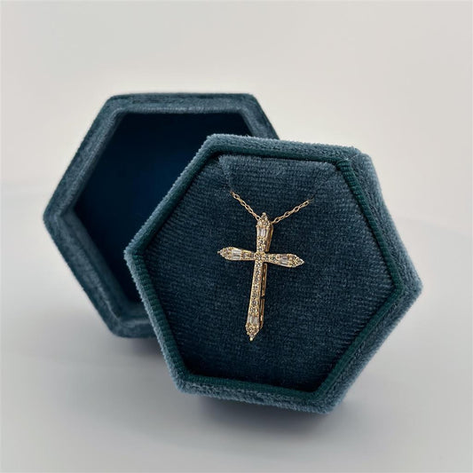 Yellow Gold Round And Baguette Cross Necklace